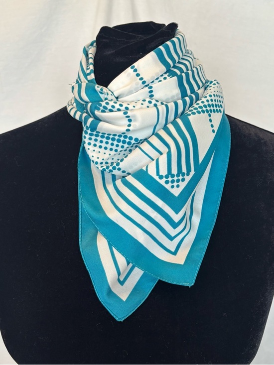 Accessories - Teal & Cream Geometric Silk Scarf Square Head Neck Tie Retro Chic Accessory